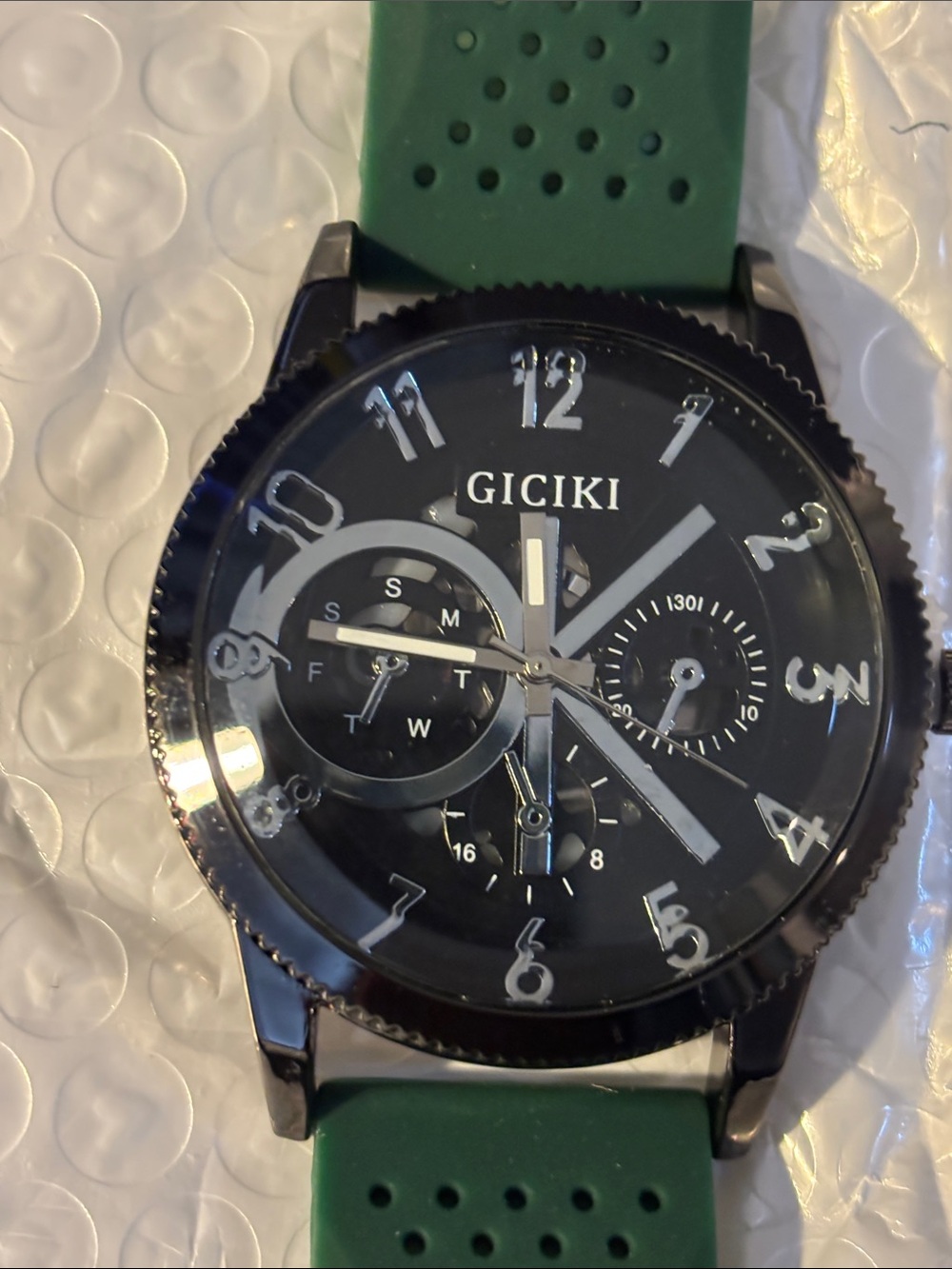 Men's Black Dial Watch with Green Strap